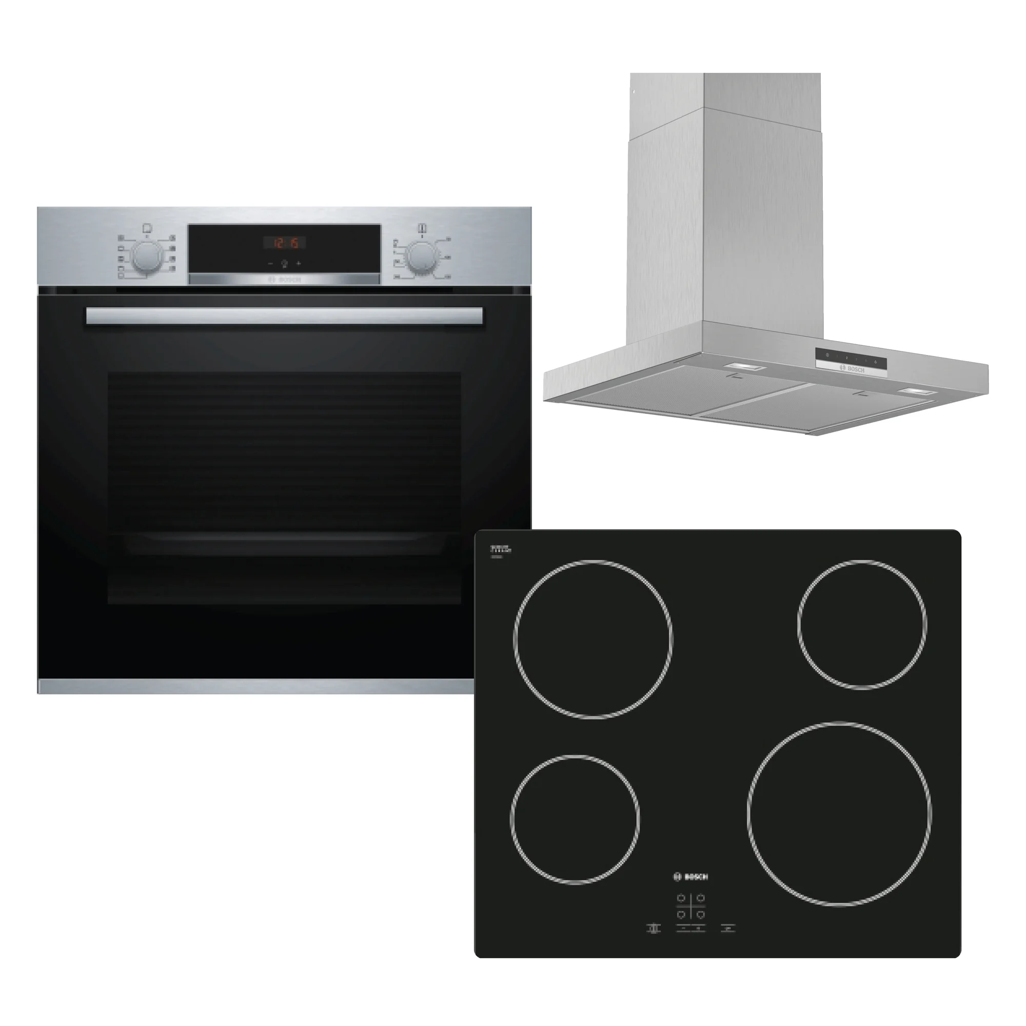 Bosch 994583 Built in Ecoclean Single Oven, Ceramic Hob and Box Design Chimney Hood Pack