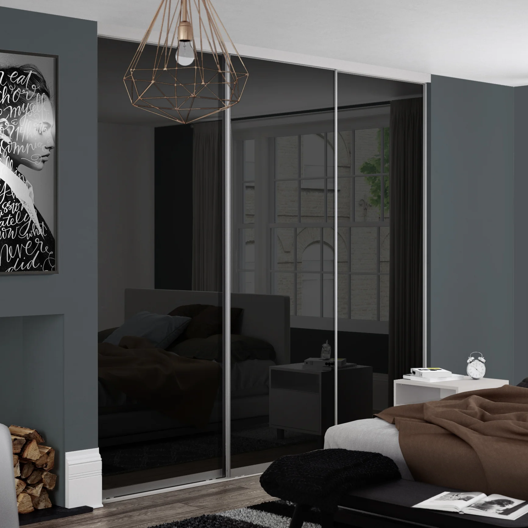 Spacepro Contour 3 x Silver Frame Black Glass Sliding Doors H2260 x W2216