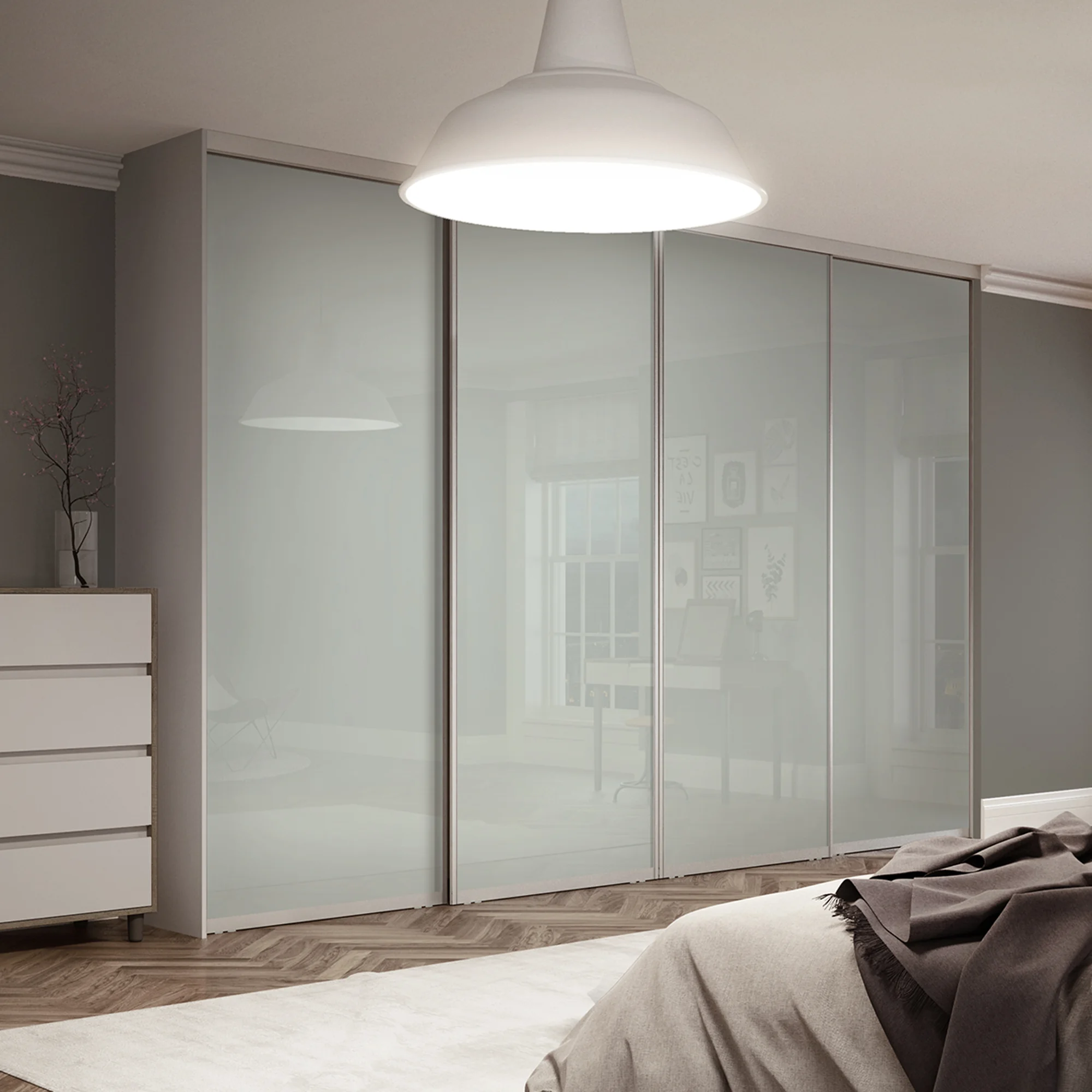 Spacepro Contour 4 x Silver Frame Arctic White Glass Sliding Doors H2260 x W2978