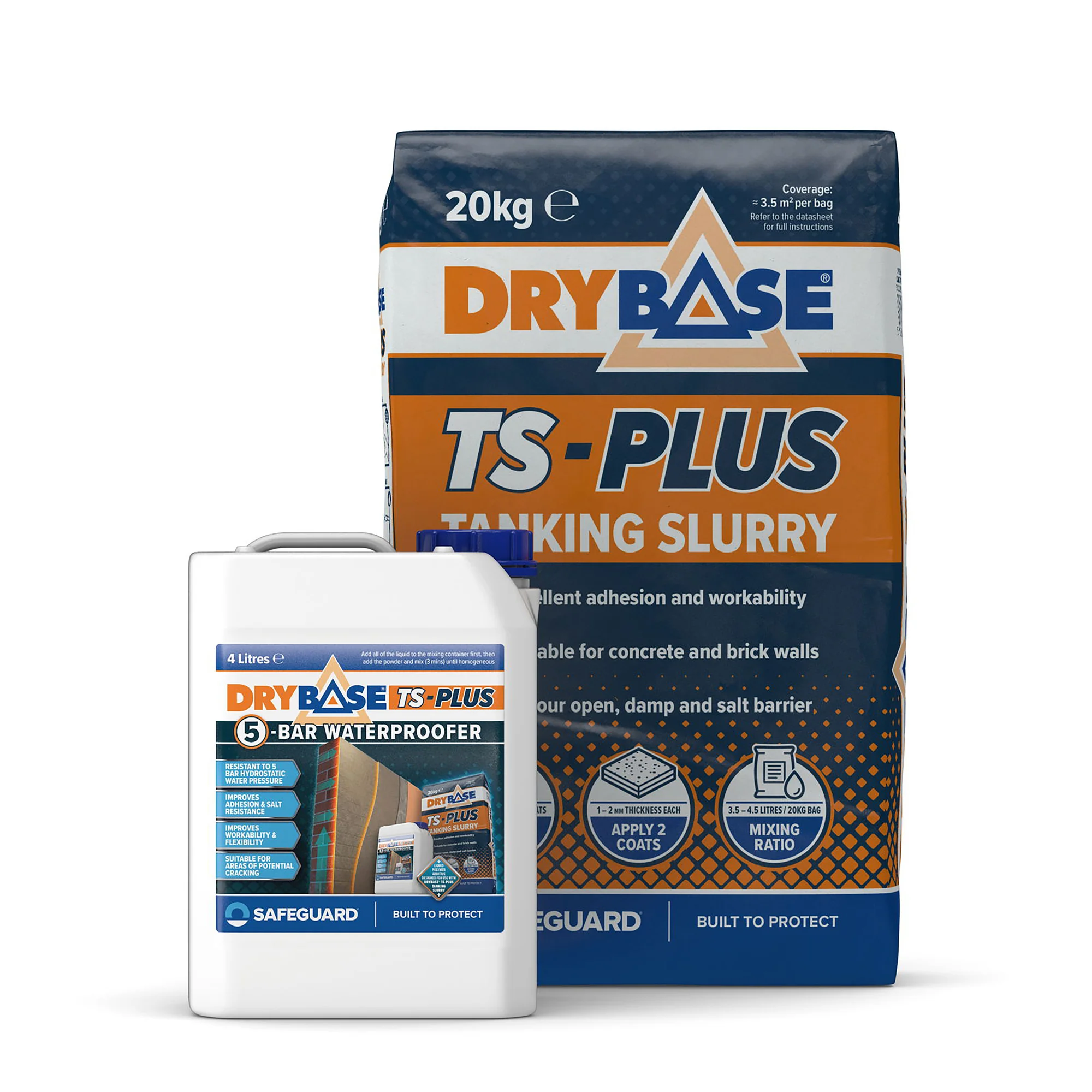 Safeguard Drybase TS-Plus Tanking Slurry 20kg & 5-bar Waterproofer 4L