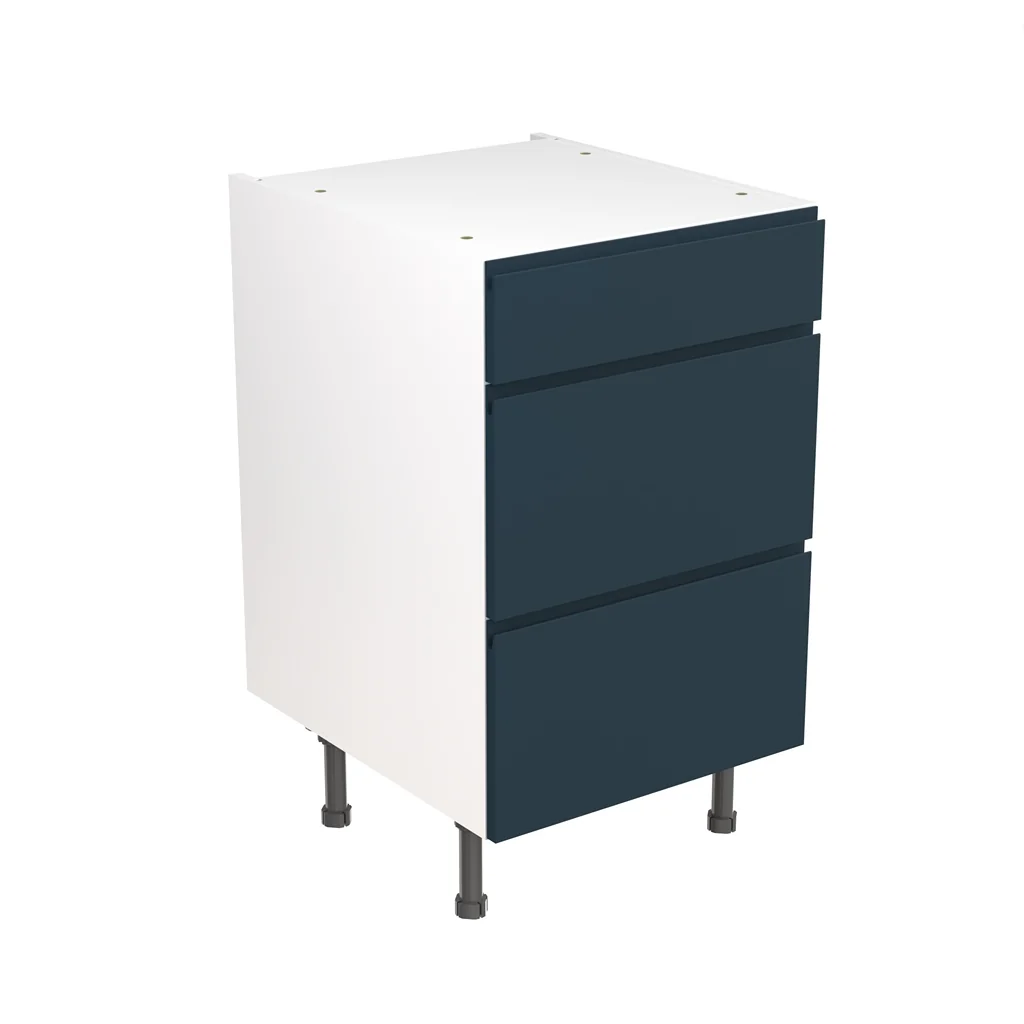Flatpack 500 3 Drawer Base Kitchen Cabinet J-Pull Shaker Ultra Matt Indigo Blue