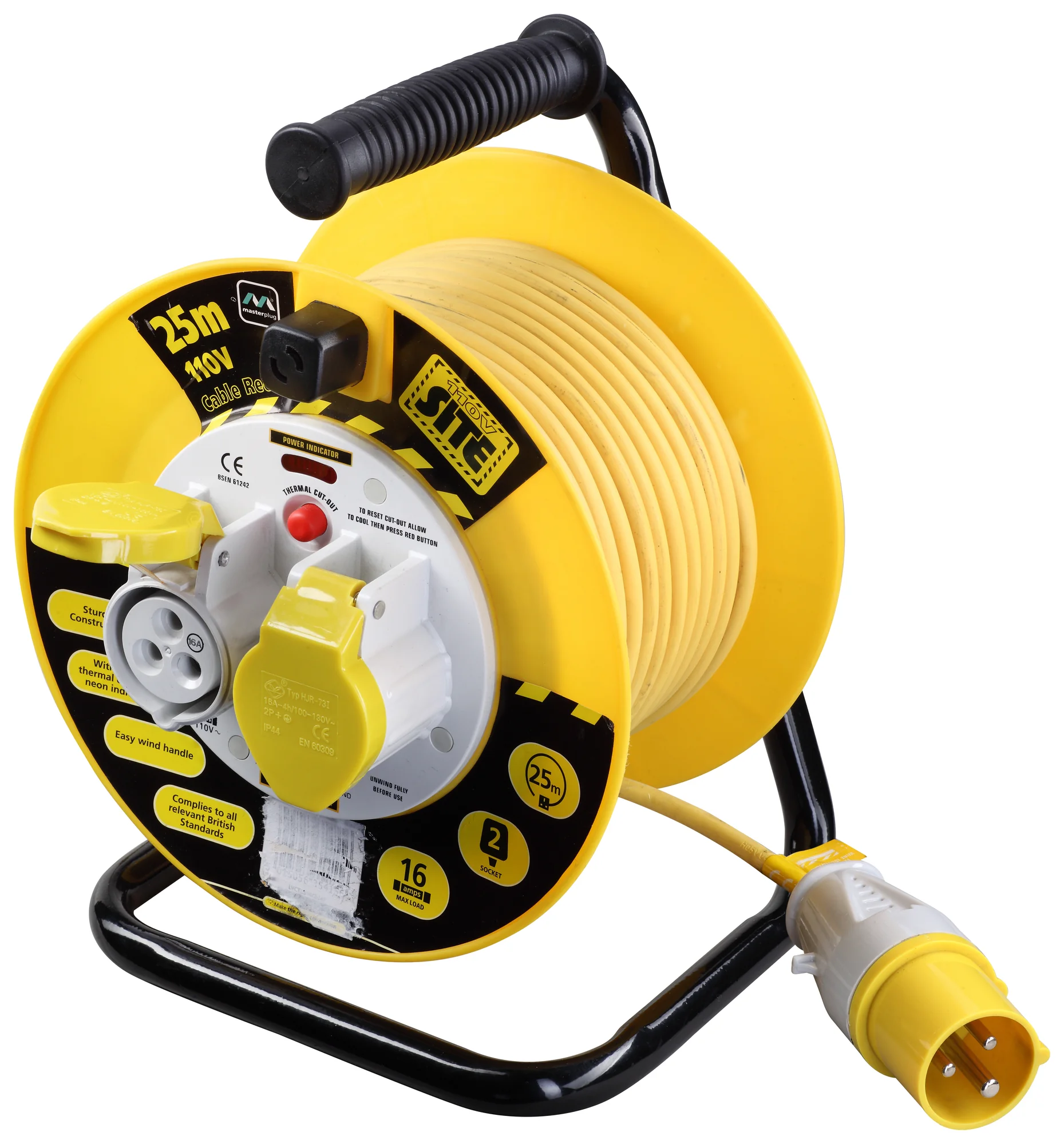 Masterplug 25m 110V 2 Socket Cable Reel with Thermal Cut Out 16A